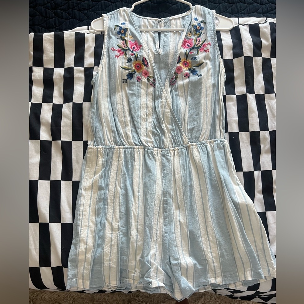 Blu Pepper Light Blue & White Striped Embroidered Romper